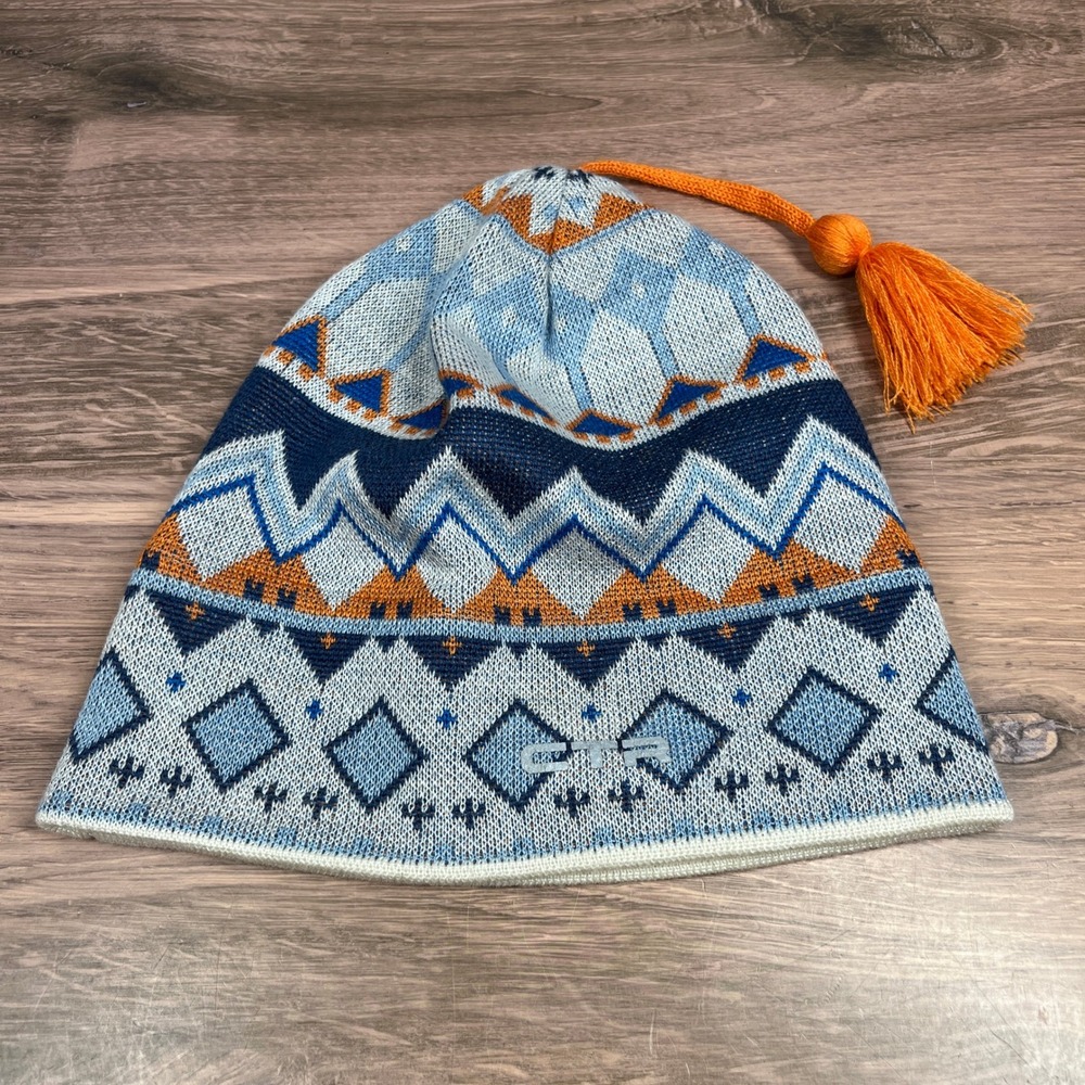 CTR Beanie Hat Unisex One Size Blue Orange Geometric Wool Blend Tassel Lined